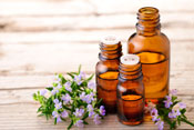 Essential oil bottles sitting next to purple flowers